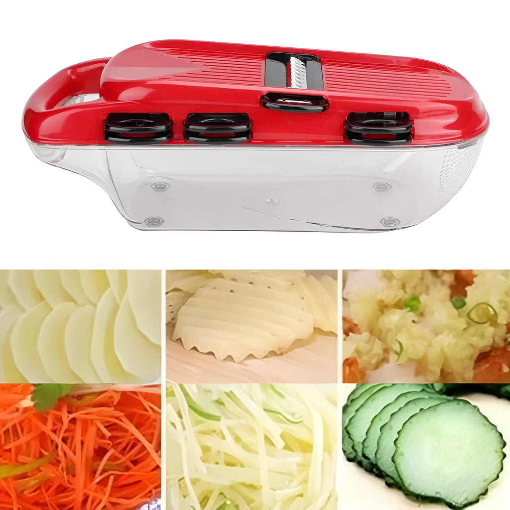 Red multifunctional vegetable cutter set with 7 stainless steel blades, hand guard, and PET container