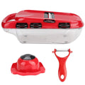 Red multifunctional vegetable cutter set with 7 stainless steel blades, hand guard, and PET container