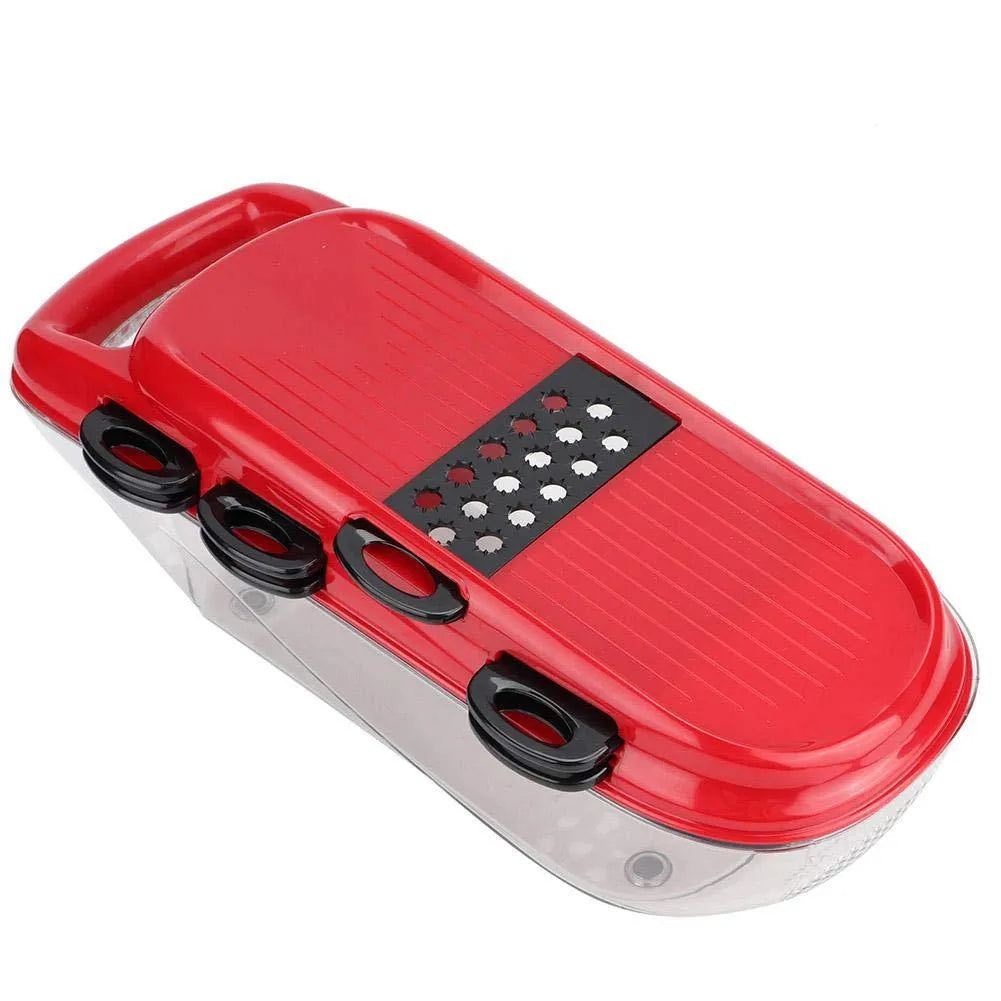 Red multifunctional vegetable cutter set with 7 stainless steel blades, hand guard, and PET container