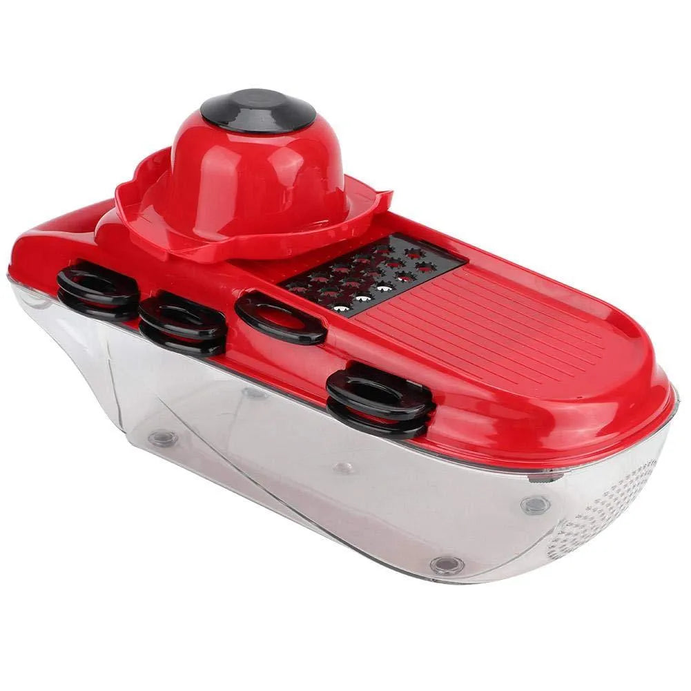 Red multifunctional vegetable cutter set with 7 stainless steel blades, hand guard, and PET container
