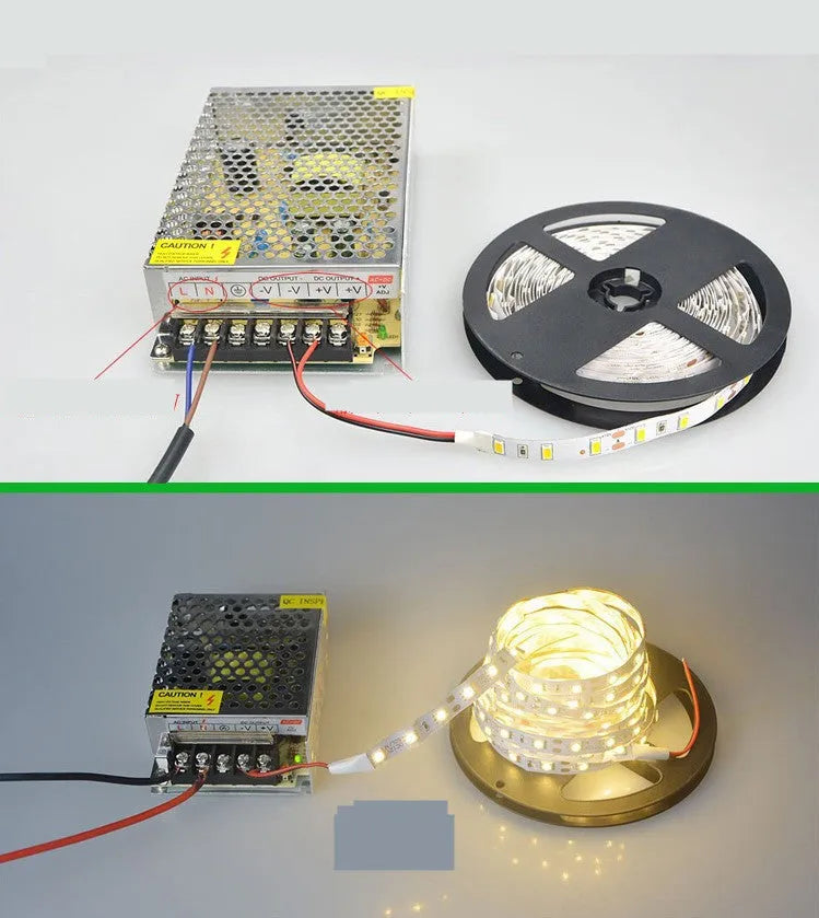 Flexible white LED light strip showing curved installation with choice of 2835 or 5050 chip styles