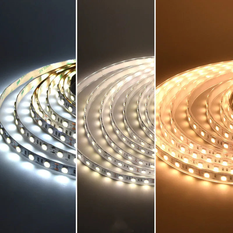 Flexible white LED light strip showing curved installation with choice of 2835 or 5050 chip styles
