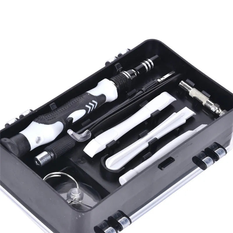 117-in-1 magnetic precision screwdriver set with red box, showing double-sided bits and a flexible extension rod