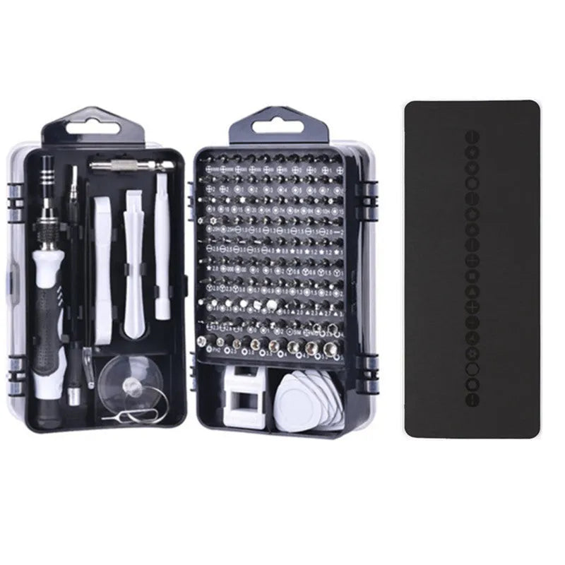 117-in-1 magnetic precision screwdriver set with red box, showing double-sided bits and a flexible extension rod