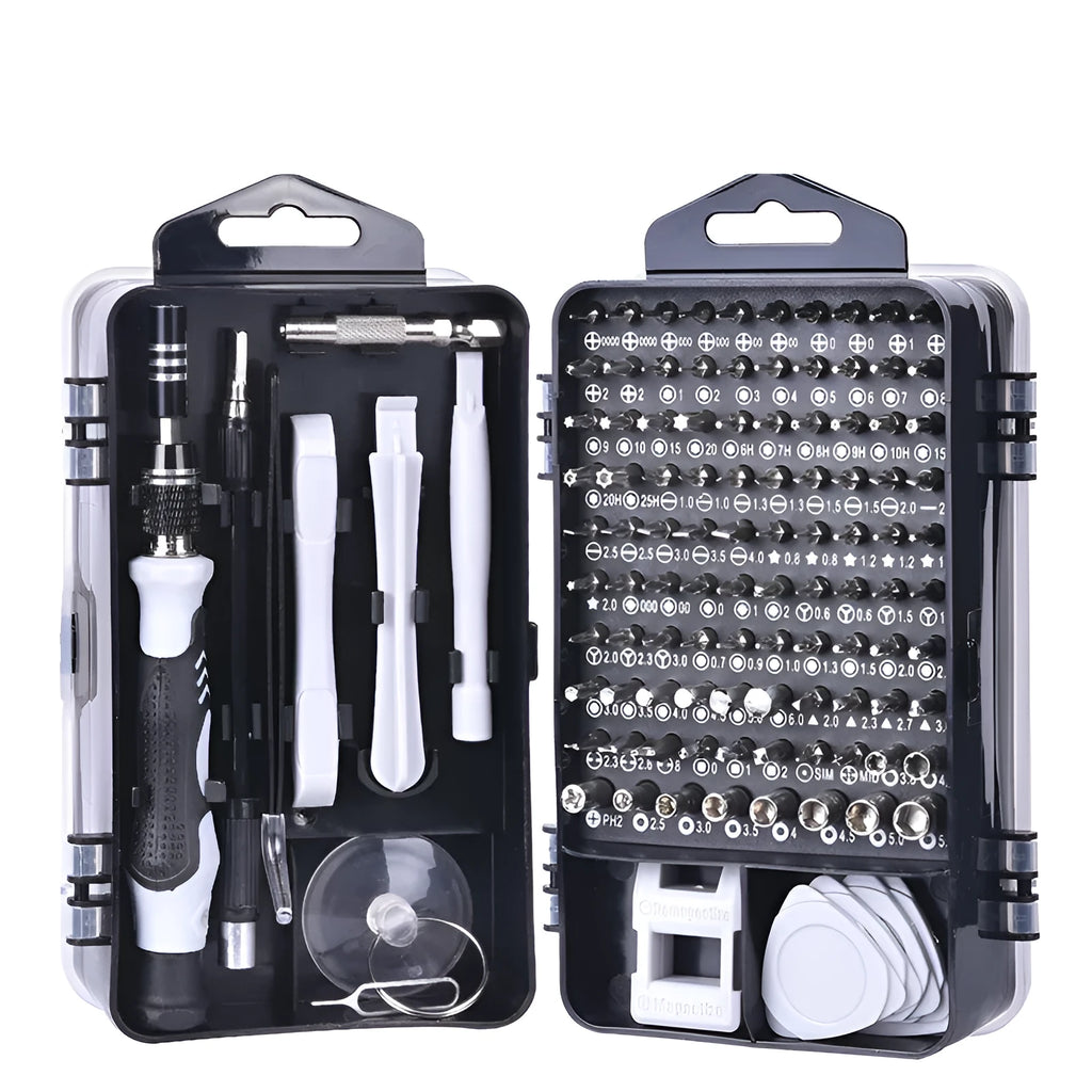 117-in-1 magnetic precision screwdriver set with red box, showing double-sided bits and a flexible extension rod