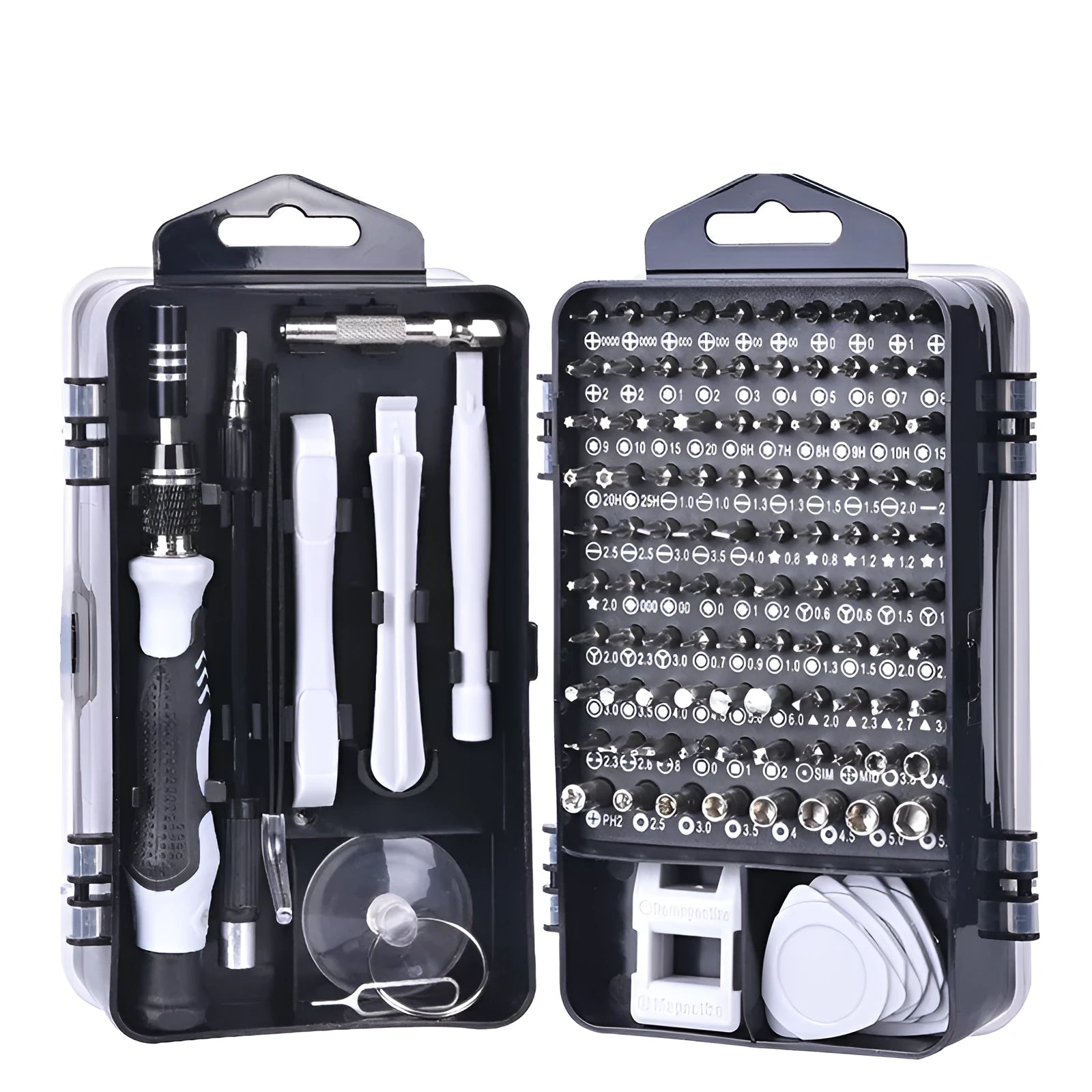 117-in-1 magnetic precision screwdriver set with red box, showing double-sided bits and a flexible extension rod