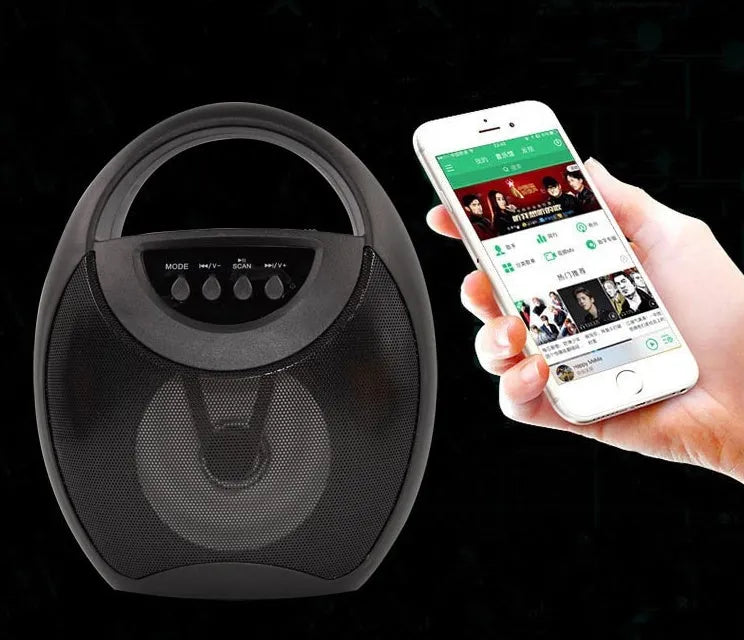 Portable Bluetooth speaker with plastic shell in black, 1200mAh battery, 6-hour playtime, USB and SD card slots