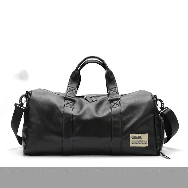 Large black PU leather sports training bag with multiple compartments showing laptop and camera pockets