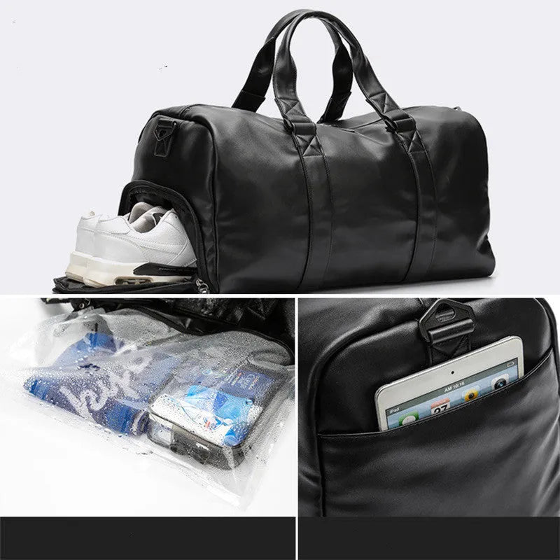 Large black PU leather sports training bag with multiple compartments showing laptop and camera pockets