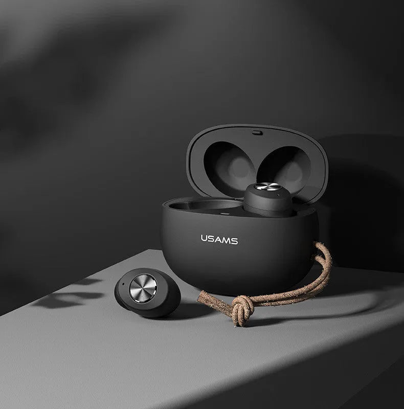 Wireless Bluetooth mini TWS earbuds and compact charging case in black, green, or white colour options.