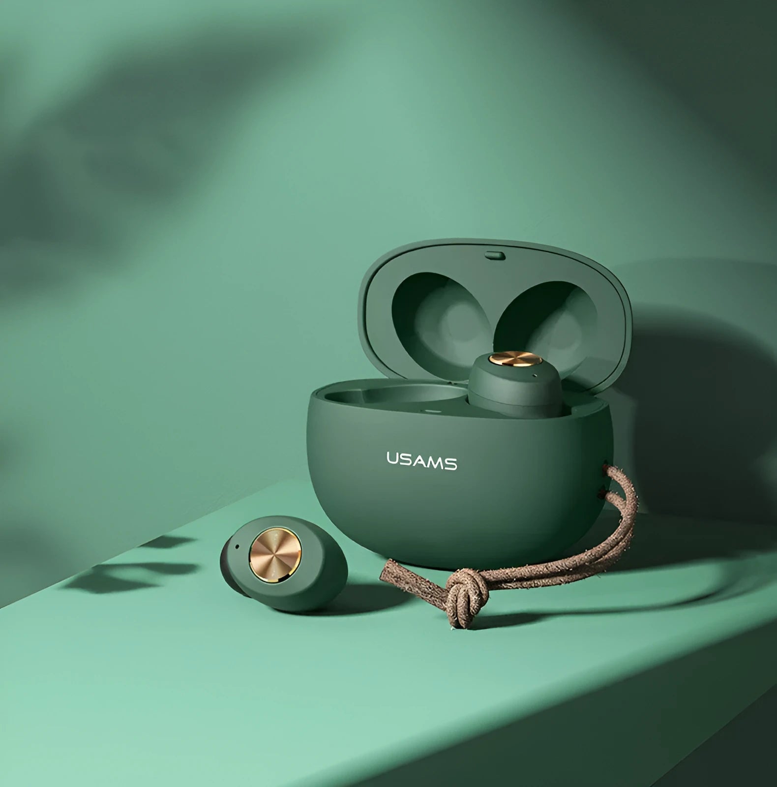 Wireless Bluetooth mini TWS earbuds and compact charging case in black, green, or white colour options.