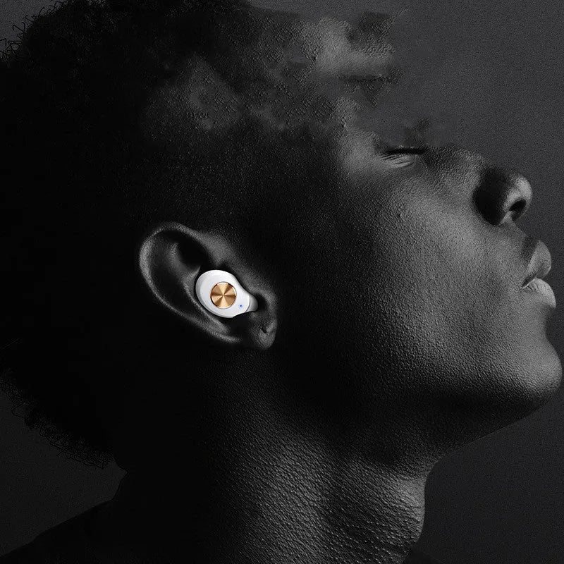 Wireless Bluetooth mini TWS earbuds and compact charging case in black, green, or white colour options.