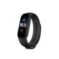 M5 smart fitness bracelet showing heart rate monitoring on its screen, available in black, blue, and red.
