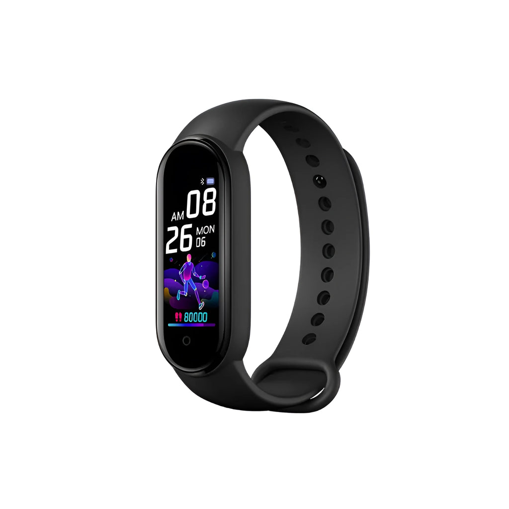 M5 smart fitness bracelet showing heart rate monitoring on its screen, available in black, blue, and red.