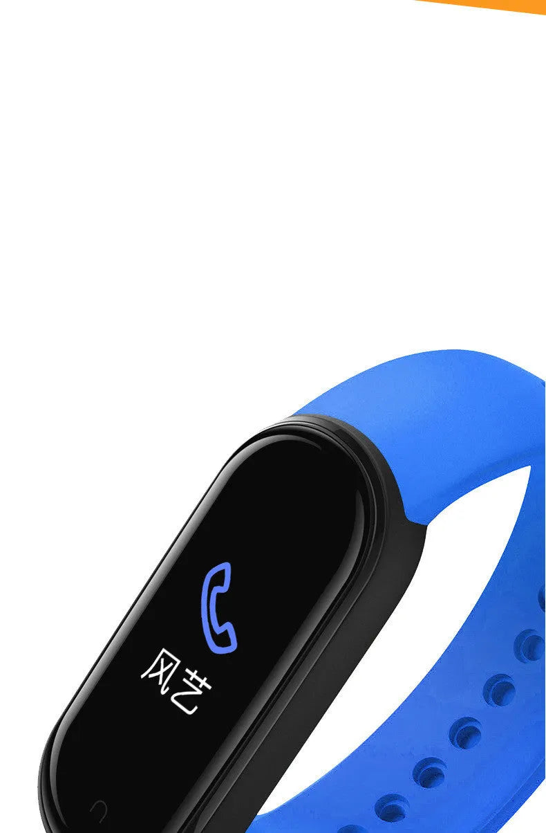 M5 smart fitness bracelet showing heart rate monitoring on its screen, available in black, blue, and red.