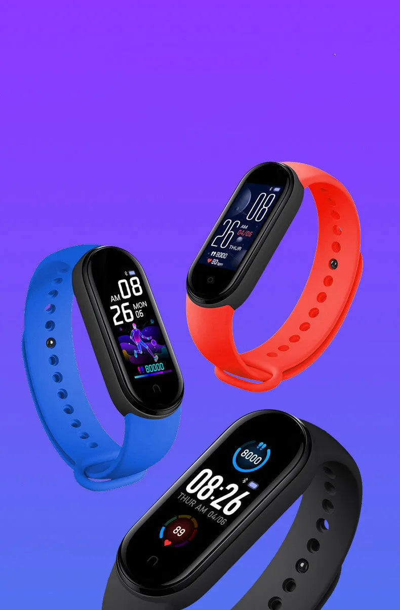 M5 smart fitness bracelet showing heart rate monitoring on its screen, available in black, blue, and red.