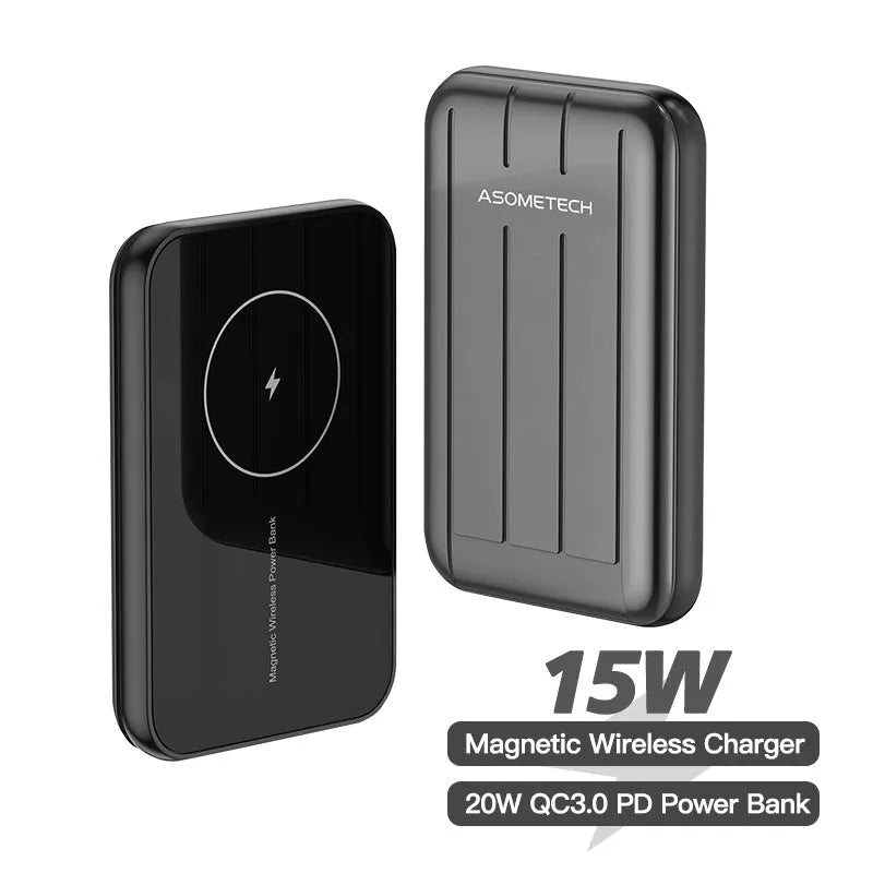 Blue acrylic magnetic wireless power bank attached to an iPhone 12, showing cable-free charging.