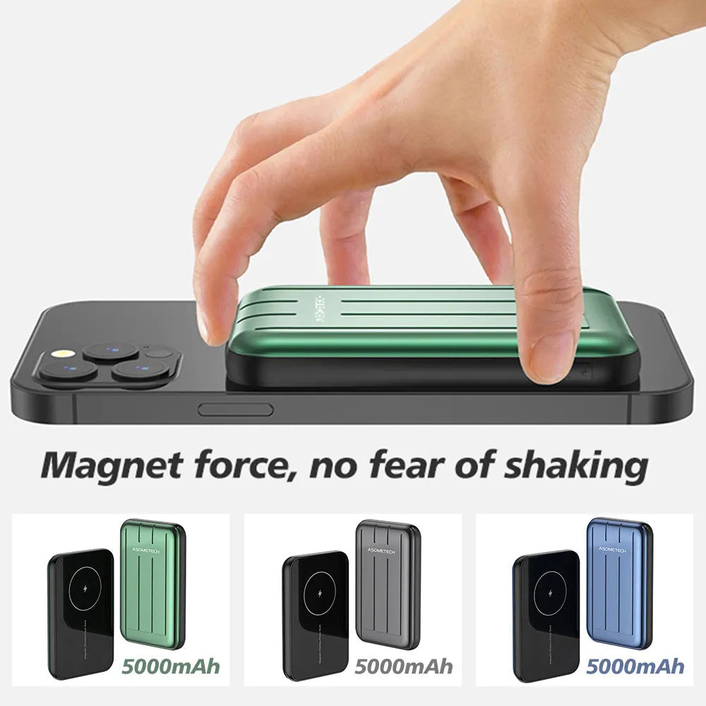 Blue acrylic magnetic wireless power bank attached to an iPhone 12, showing cable-free charging.