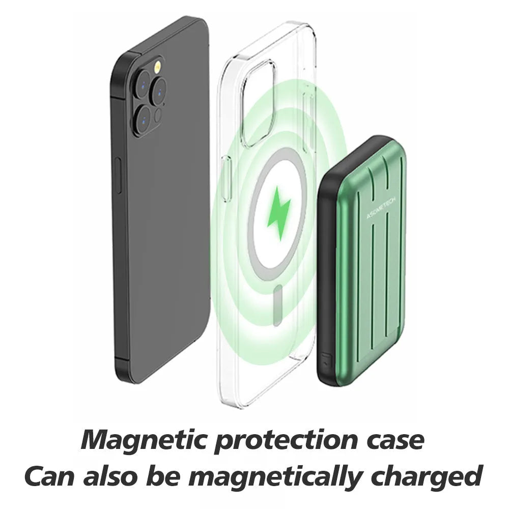 Blue acrylic magnetic wireless power bank attached to an iPhone 12, showing cable-free charging.