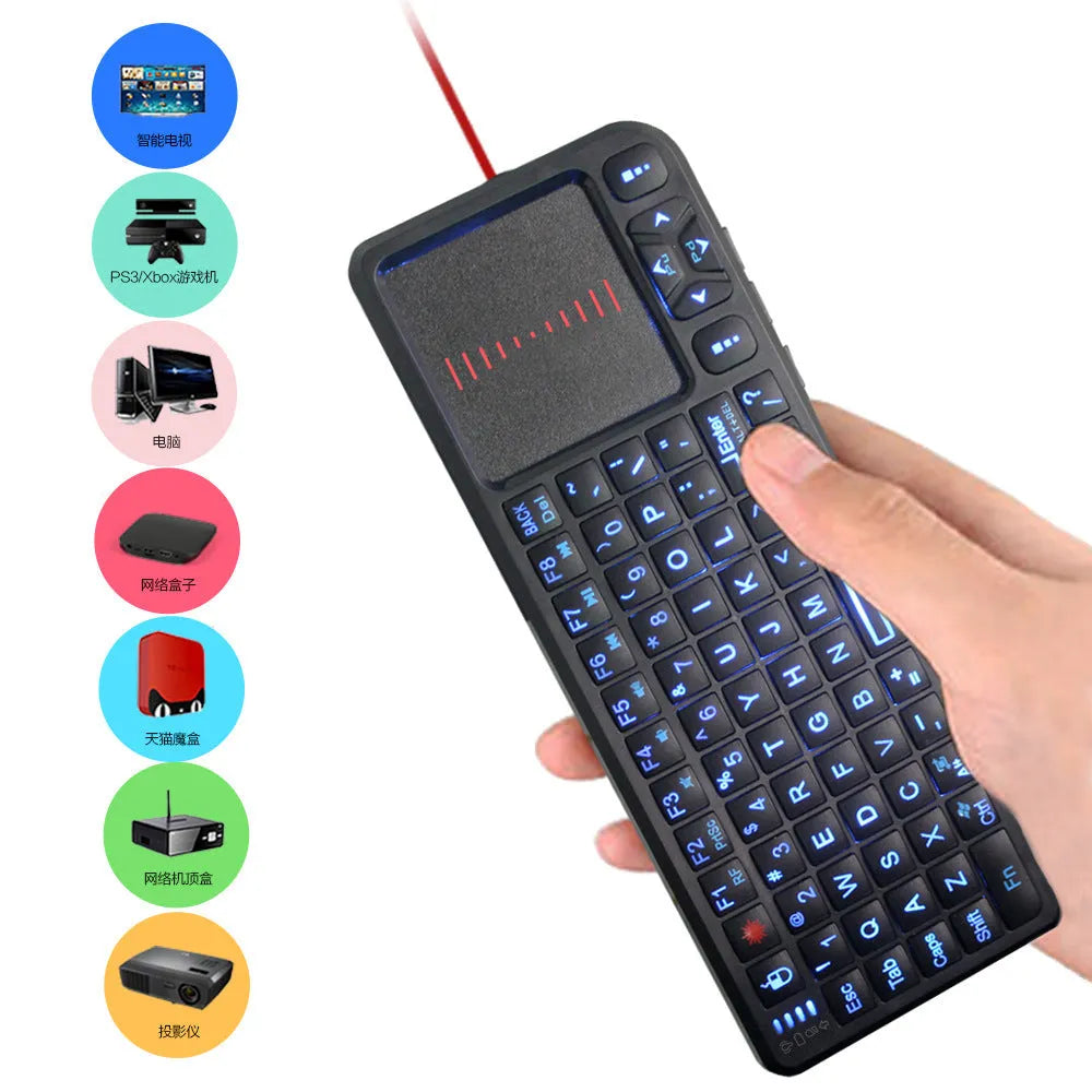 Black wireless mini keyboard with touch screen showing compact 151mm design for teaching and presentations