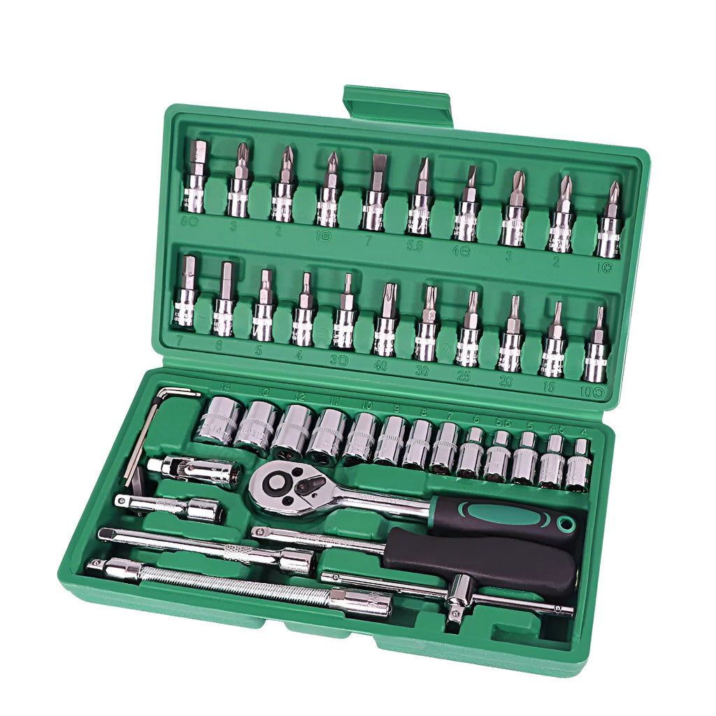 Green plastic box containing 46-piece metric socket set with carbon alloy steel tools for car repair