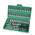 Green plastic box containing 46-piece metric socket set with carbon alloy steel tools for car repair