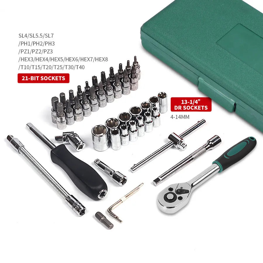 Green plastic box containing 46-piece metric socket set with carbon alloy steel tools for car repair