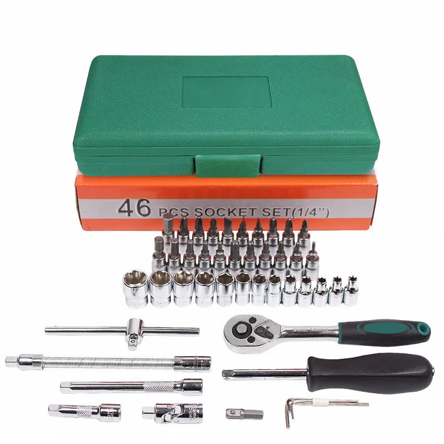 Green plastic box containing 46-piece metric socket set with carbon alloy steel tools for car repair