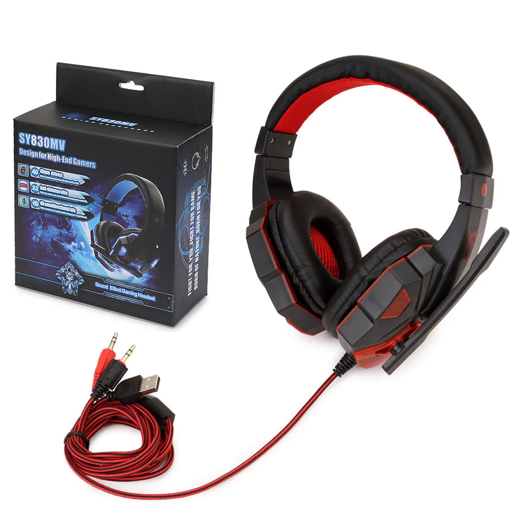 Wired gaming headset with light-up LED design and black/red tanned leather ear cups