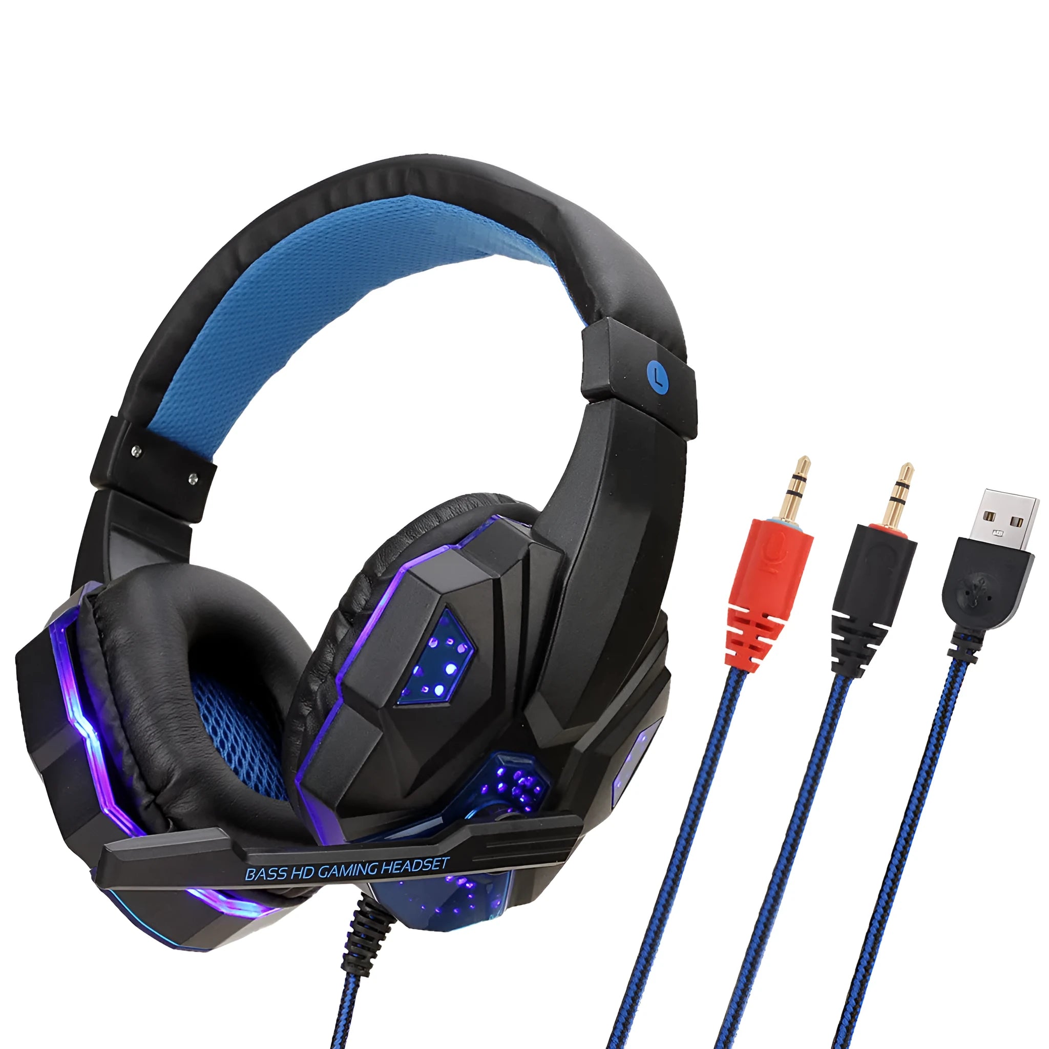 Wired gaming headset with light-up LED design and black/red tanned leather ear cups