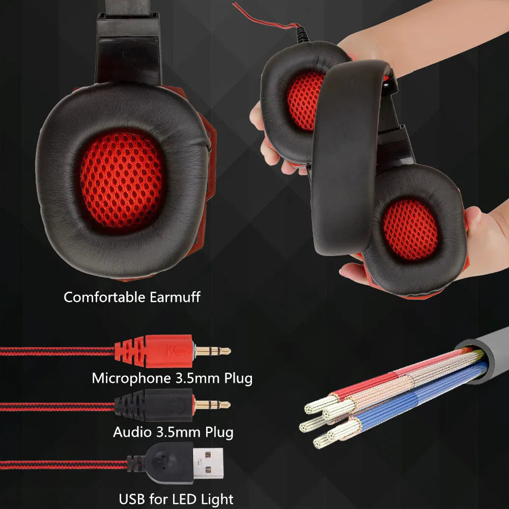 Wired gaming headset with light-up LED design and black/red tanned leather ear cups