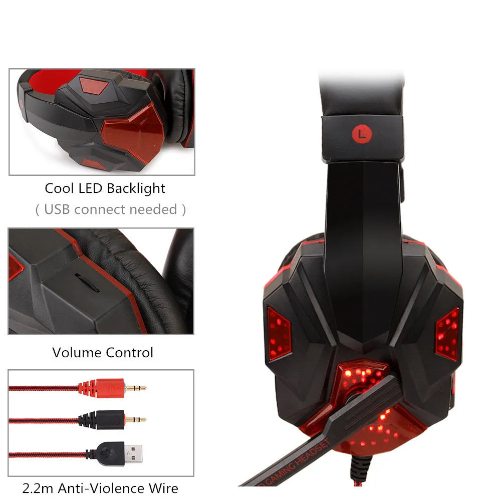 Wired gaming headset with light-up LED design and black/red tanned leather ear cups