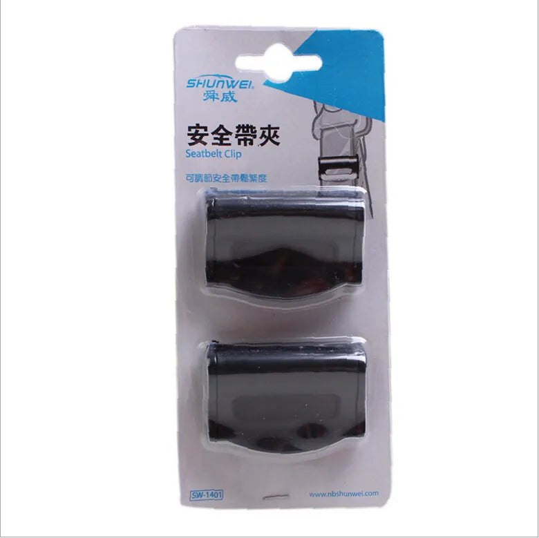 Pack of two black ABS plastic seat belt clips model SD-1401 in blister cardboard packaging