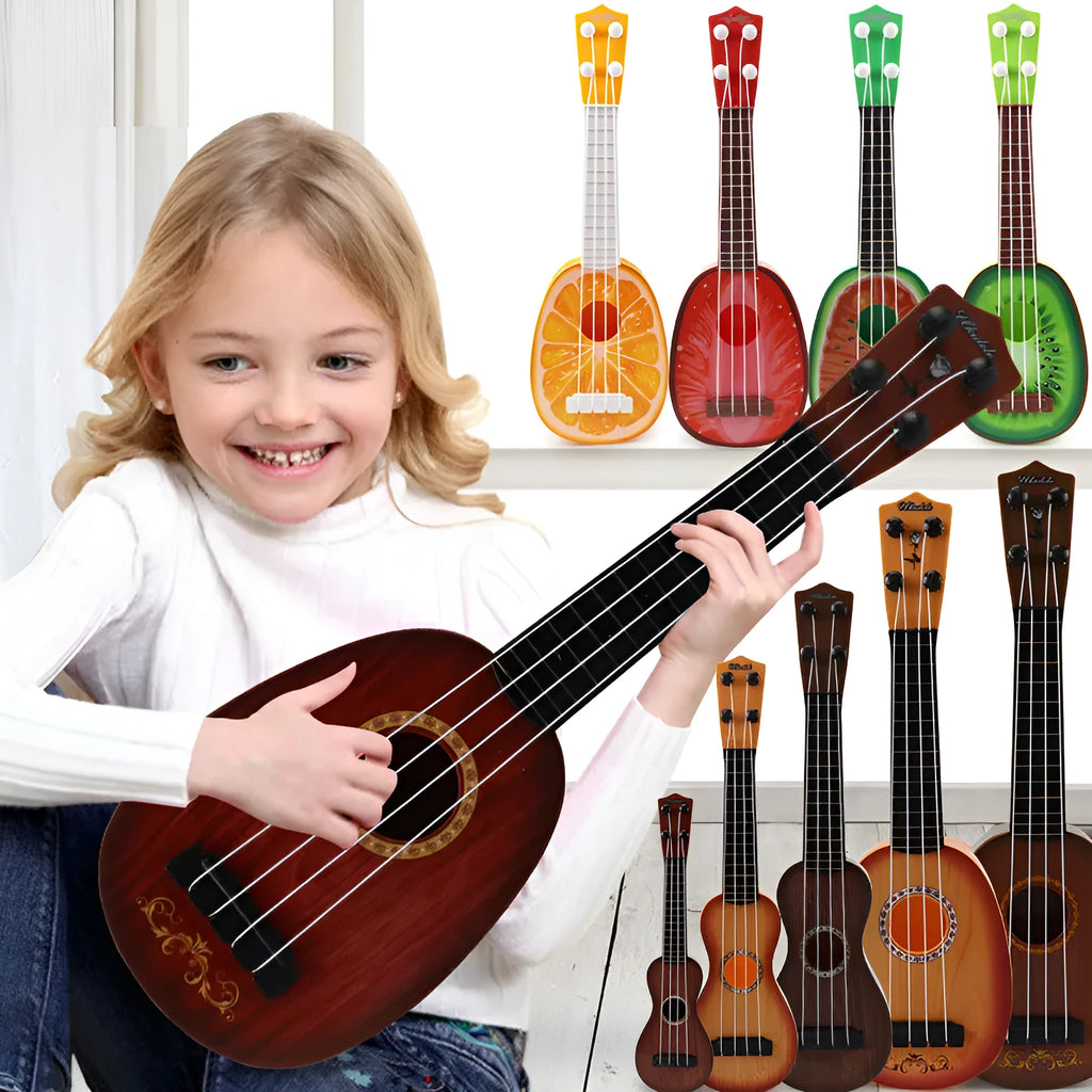 Children's plastic simulation ukulele toy with retro guitar styling and colour box packaging