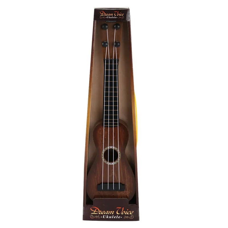 Children's plastic simulation ukulele toy with retro guitar styling and colour box packaging