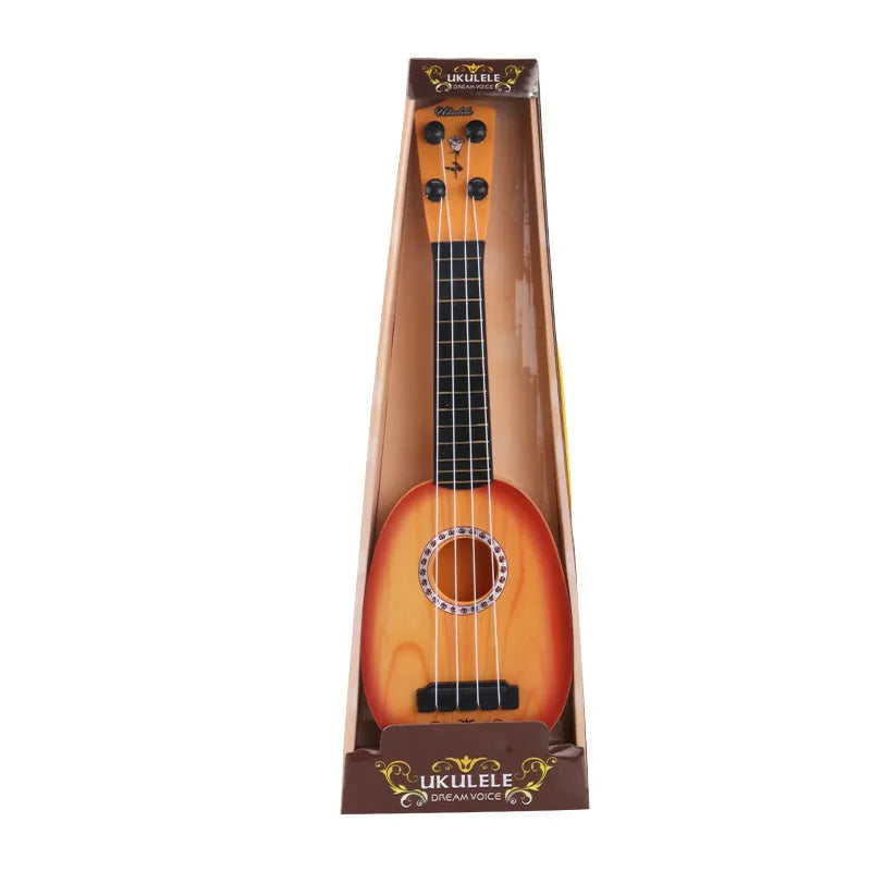Children's plastic simulation ukulele toy with retro guitar styling and colour box packaging