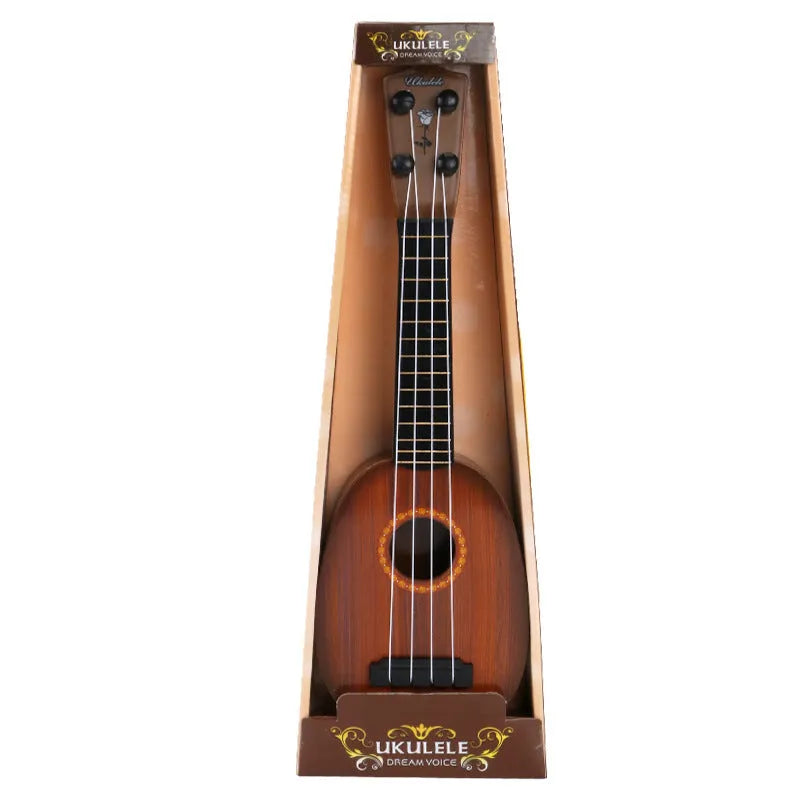 Children's plastic simulation ukulele toy with retro guitar styling and colour box packaging