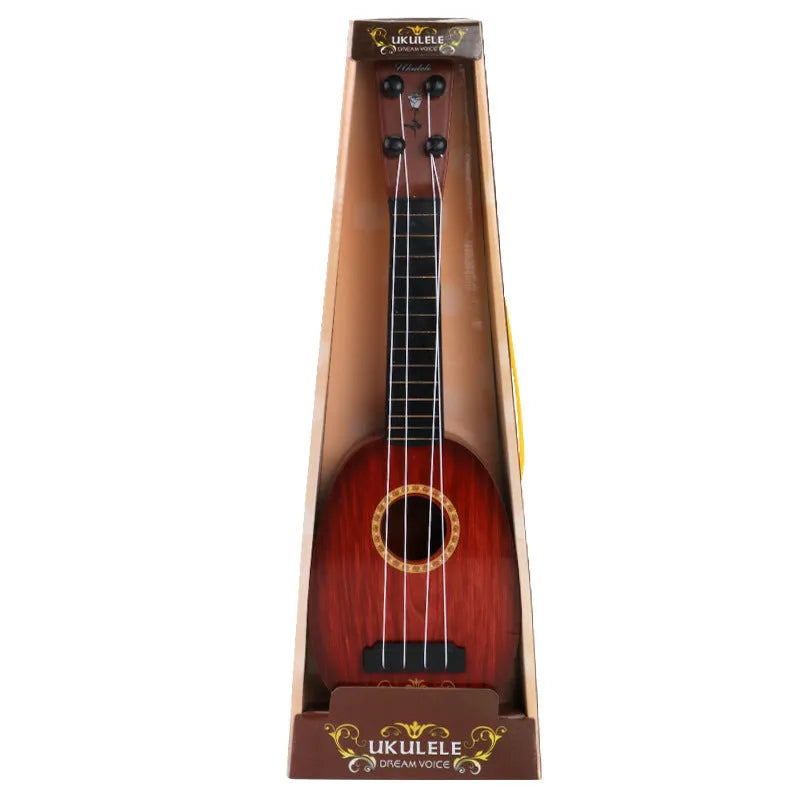 Children's plastic simulation ukulele toy with retro guitar styling and colour box packaging