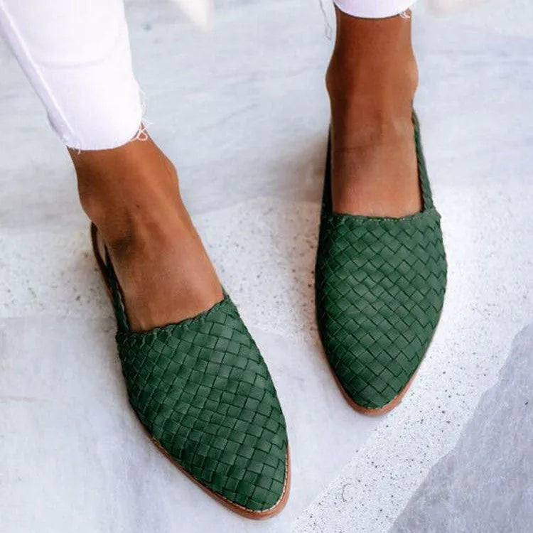 Adult baotou flat sandals with a buckle strap, pointed toe, and a microfiber upper on a rubber sole.