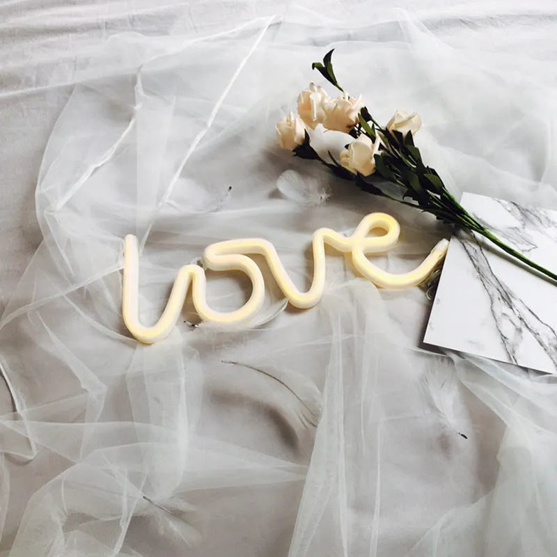 Pink LED neon love sign with battery and USB power options for wedding and party decorations