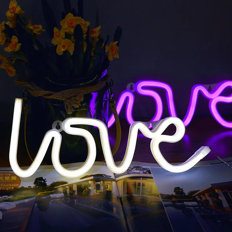 Pink LED neon love sign with battery and USB power options for wedding and party decorations