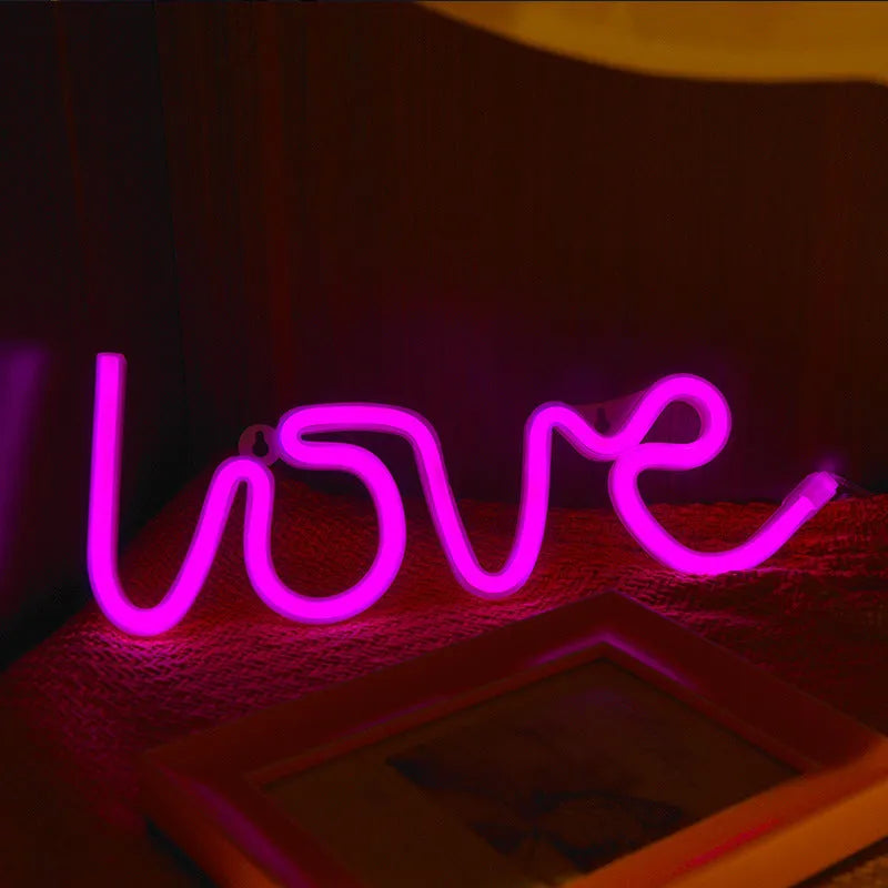 Pink LED neon love sign with battery and USB power options for wedding and party decorations