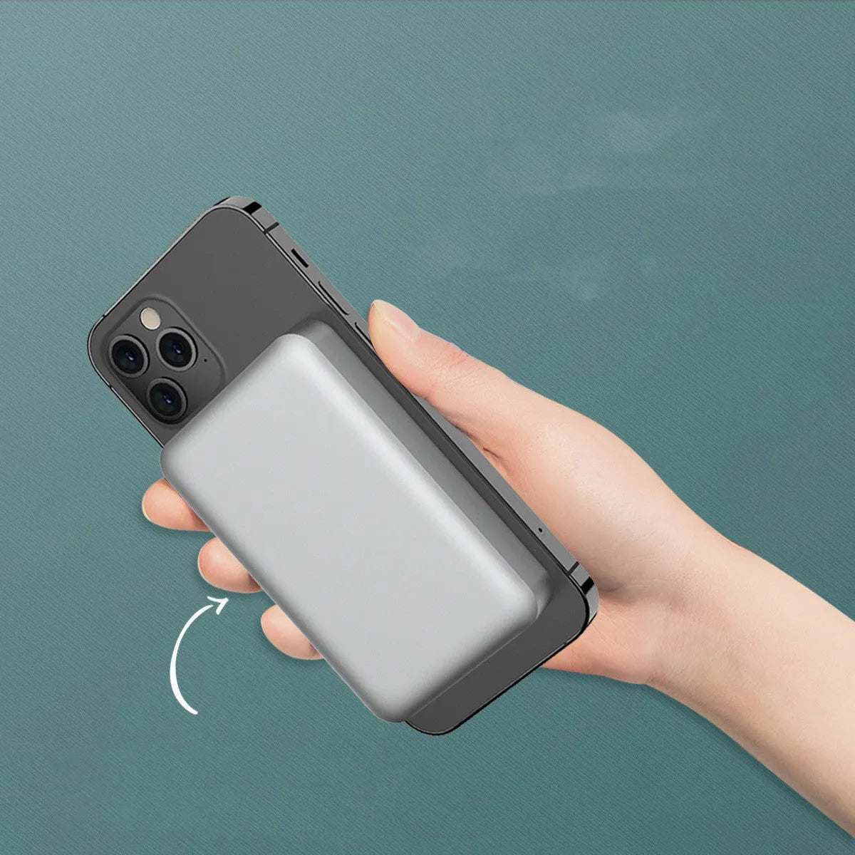 Silver aluminium Apple wireless magnetic charging power bank showing compact size