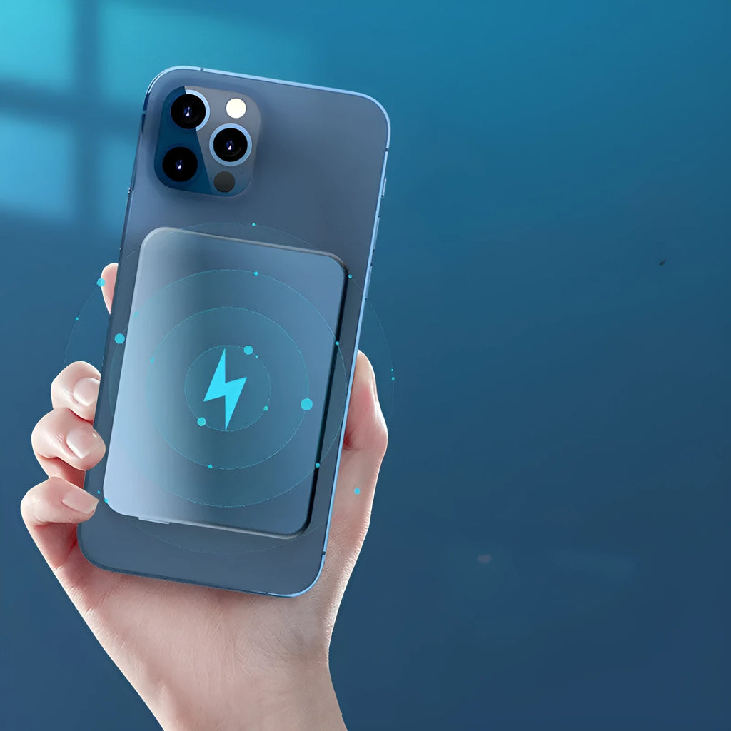 Silver aluminium Apple wireless magnetic charging power bank showing compact size