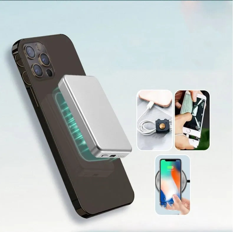 Silver aluminium Apple wireless magnetic charging power bank showing compact size