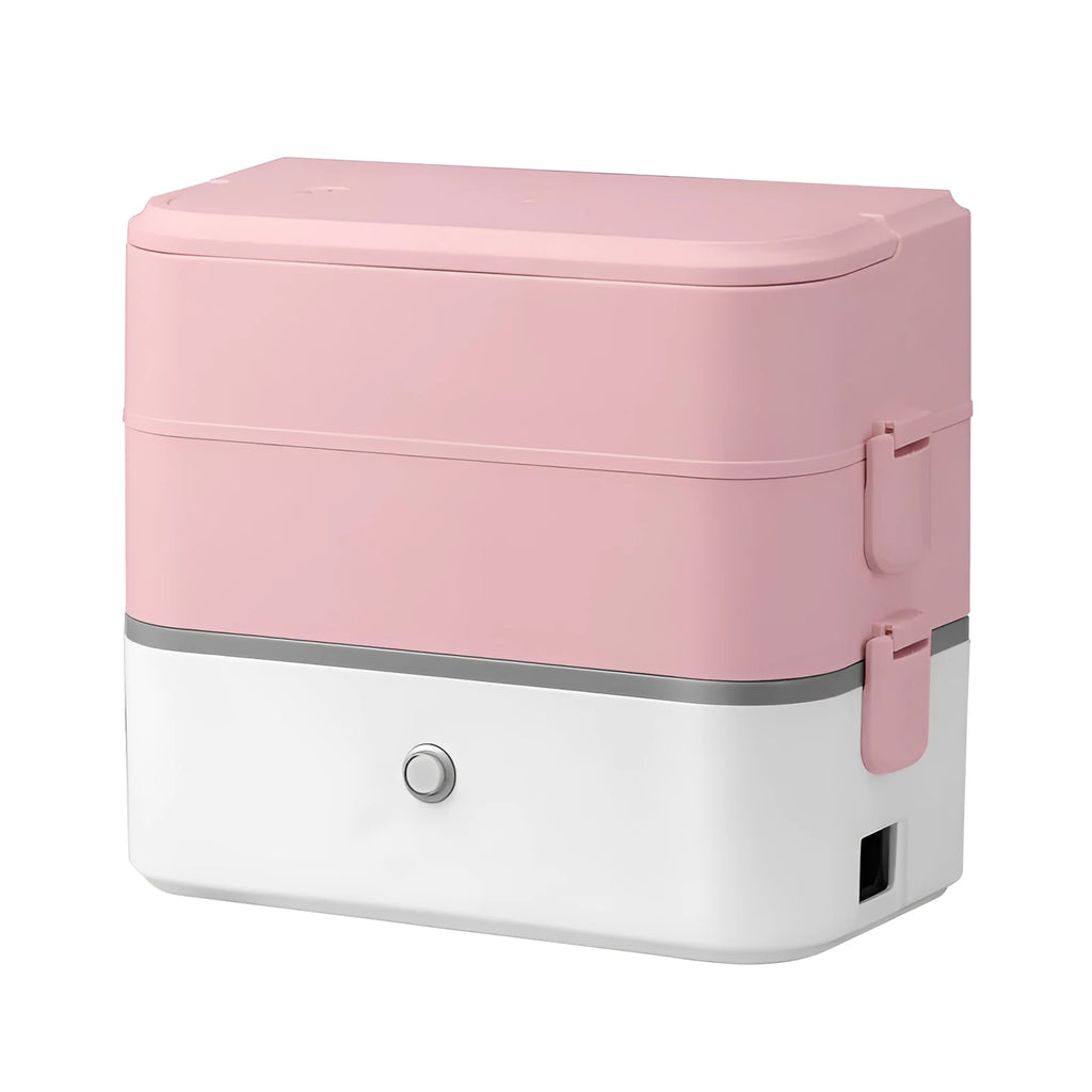 Double-layer pluggable portable heated lunch box with stainless steel liner and push-button control in off-white colour