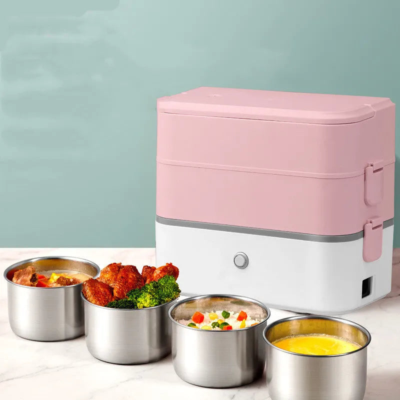 Double-layer pluggable portable heated lunch box with stainless steel liner and push-button control in off-white colour