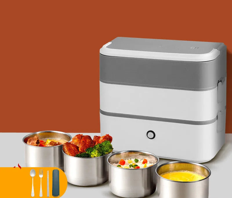 Double-layer pluggable portable heated lunch box with stainless steel liner and push-button control in off-white colour