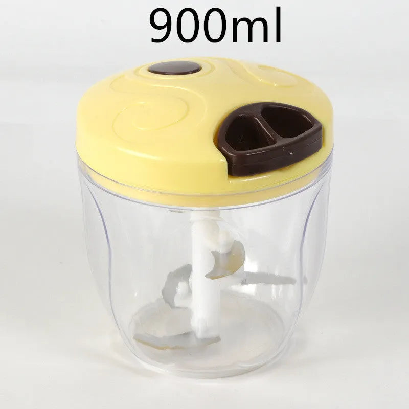 Green manual kitchen chopper with three blades, 500ml capacity, and compact design