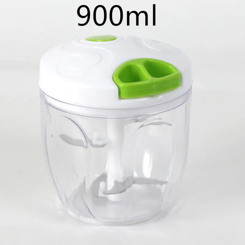 Green manual kitchen chopper with three blades, 500ml capacity, and compact design